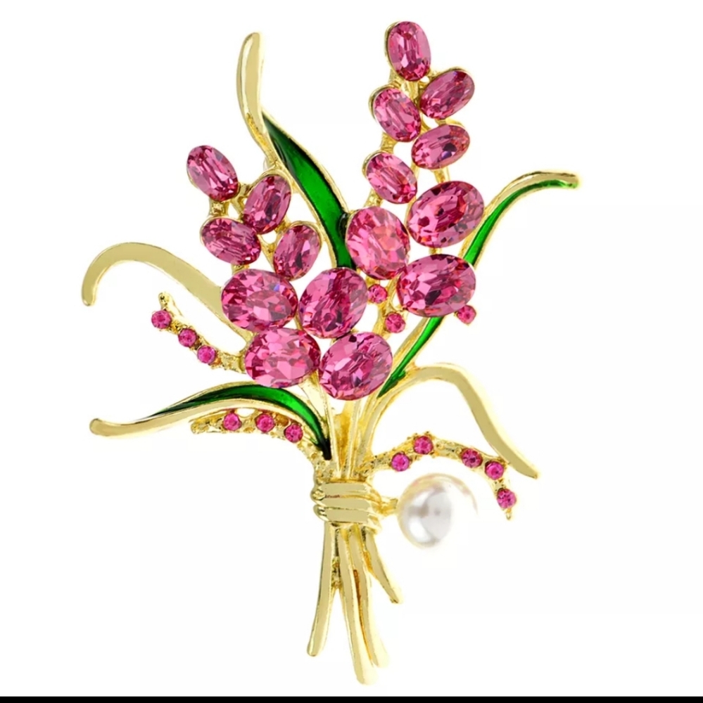 Wisteria pink crystal gold pearl flower brooch pin pendant necklace vtg style